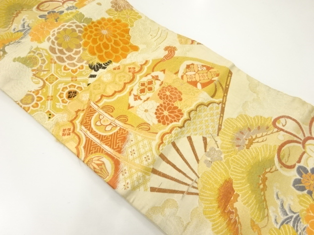 アンティーク　扇に几帳・貝桶模様織出し名古屋帯（材料）